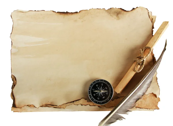 Old paper, scrolls and compass isolated on white — Stock Photo, Image