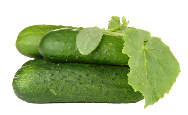 Smakelijke groene komkommers, geïsoleerd op wit — Stockfoto