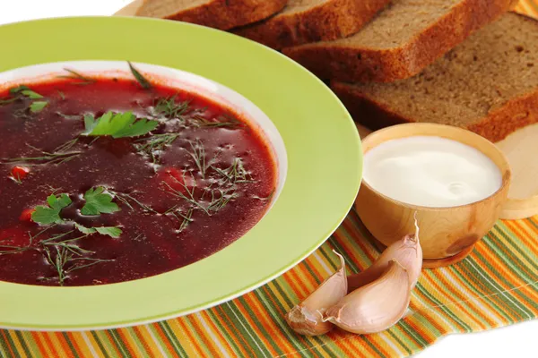 Delicious borsch on table close-up — Stock Photo, Image