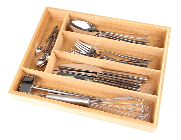 Wooden cutlery box with checked cutlery isolated on white — Stock Photo, Image