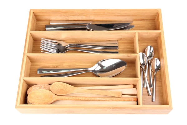 Wooden cutlery box with checked cutlery isolated on white — Stock Photo, Image