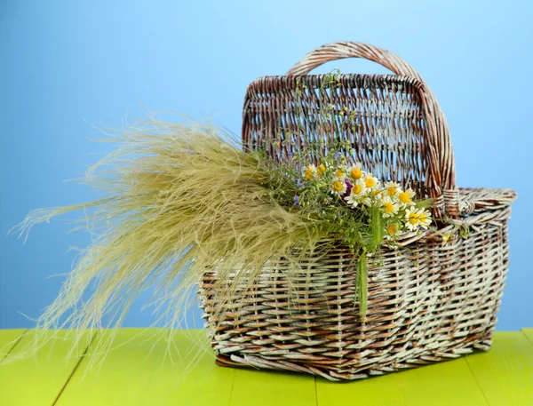 Bouquet of wild flowers and herbs, in wicker basket, on color background — Stock Photo, Image