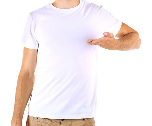 T-Shirt auf jungen Mann isoliert auf weiß — Stockfoto