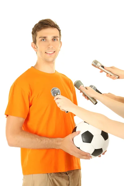 Interview with a young soccer player, isolated on white — Stock Photo, Image