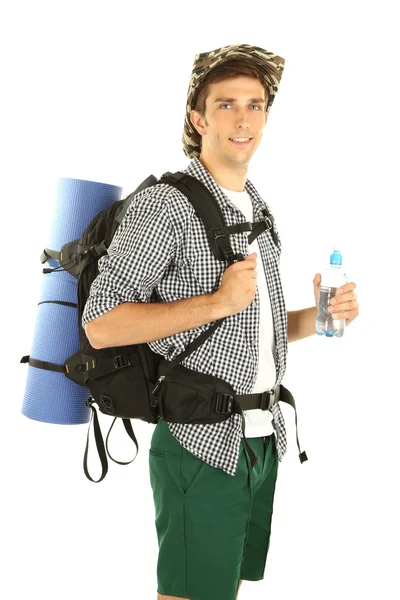 Jovem caminhante homem turista segurando garrafa de água, isolado em branco — Fotografia de Stock