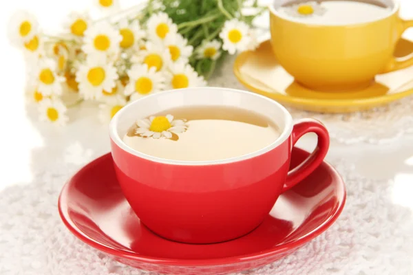 Cups of herbal tea with camomiles close up — Stock Photo, Image