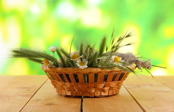 Muitas espiguetas e camomila em cetim na cesta na mesa de madeira no fundo da natureza — Fotografia de Stock