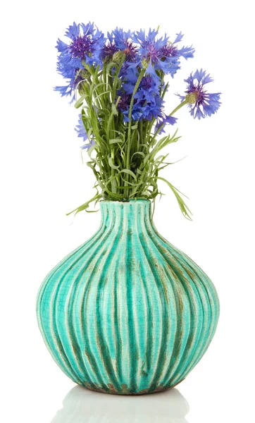 Beautiful bouquet of cornflowers in vase, isolated on white — Stock Photo, Image