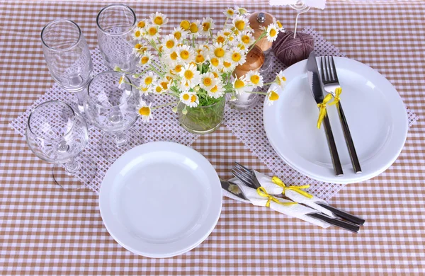 Ajuste de mesa con manzanillas en mantel a cuadros —  Fotos de Stock