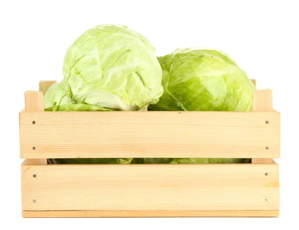 Chou vert dans une boîte en bois, isolé sur blanc — Photo