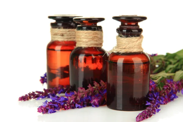 Medicine bottles and salvia flowers, isolated on white — Stock Photo, Image