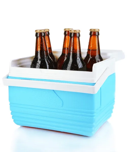 Traveling refrigerator with beer bottles isolated on white — Stock Photo, Image