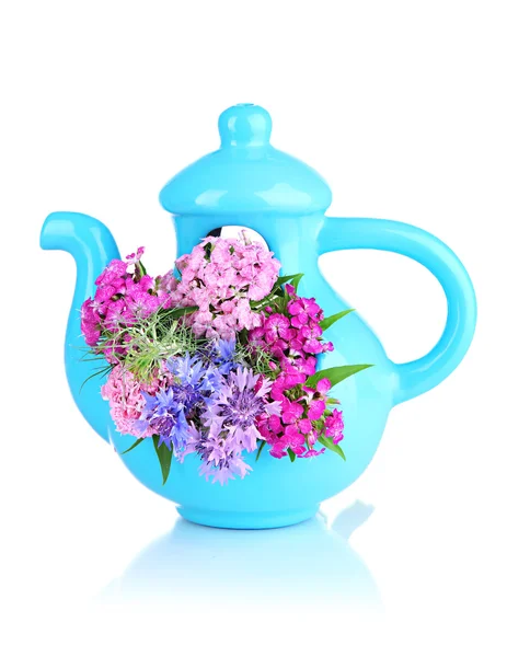 在隔离白底蓝色茶壶美丽花束 — 图库照片