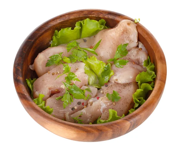 Chicken meat in wooden bowl isolated on white — Stock Photo, Image