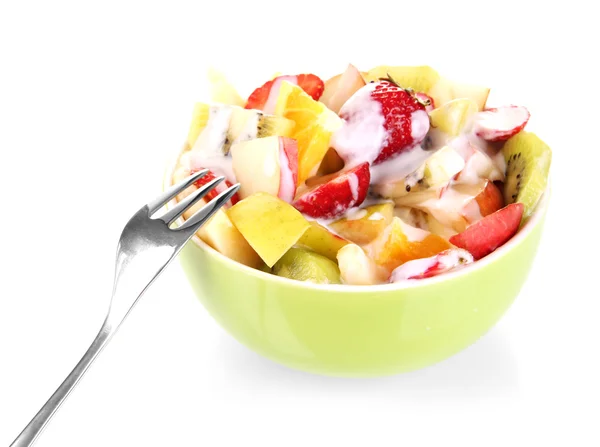 Useful fruit salad of fresh fruits and berries in bowl isolated on white — Stock Photo, Image