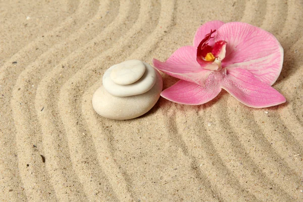 Zen garden with raked sand and round stones close up — Stock Photo, Image