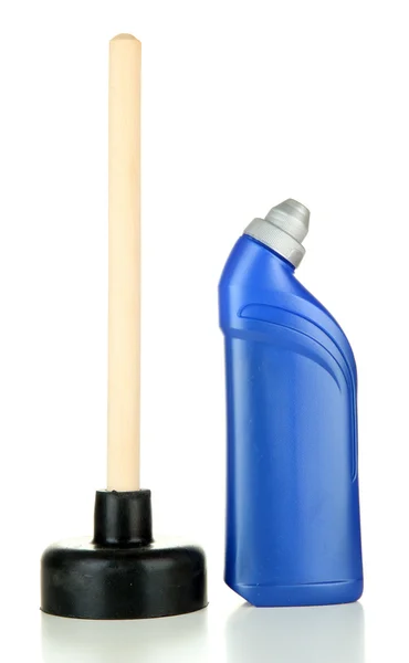 Toilet plunger and cleaner bottle, isolated on white — Stock Photo, Image