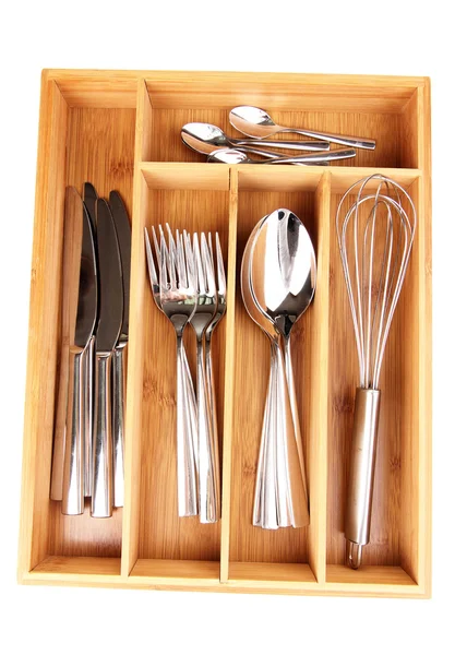 Wooden cutlery box with checked cutlery isolated on white — Stock Photo, Image