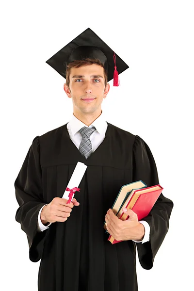 Mladí promoce muž, který držel diplom a knihy, izolované na bílém — Stock fotografie