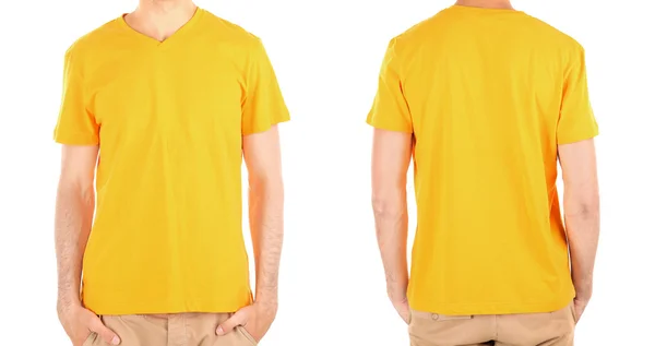 T-shirt på ung man framför och bakom isolerade på vit — Stockfoto