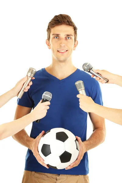 Interview with a young soccer player, isolated on white — Stock Photo, Image