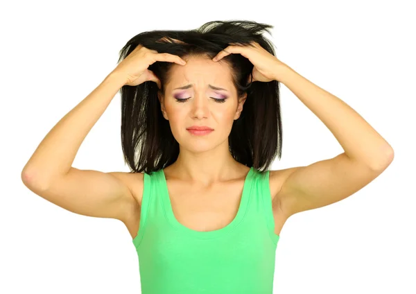 Young woman have headache on grey background — Stock Photo, Image