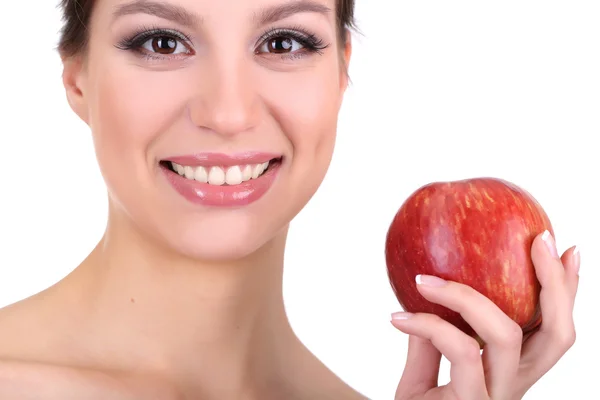 白で隔離される apple と笑顔の女性 — ストック写真