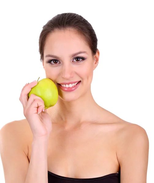 Femme souriante avec pomme isolée sur blanc — Photo