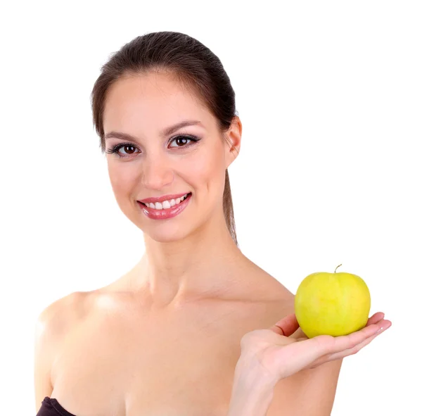 Lächelnde Frau mit Apfel auf weißem Grund — Stockfoto
