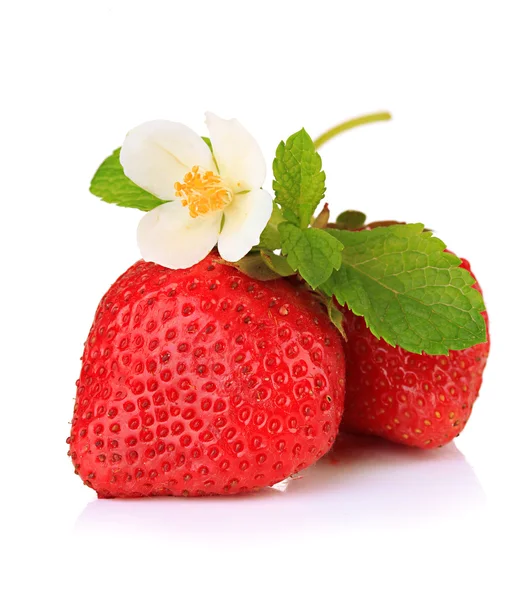 Fresas dulces maduras y flores, aisladas en blanco — Foto de Stock