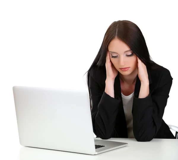 若いビジネス女性白で隔離され、コンピューターでの作業 ストック画像