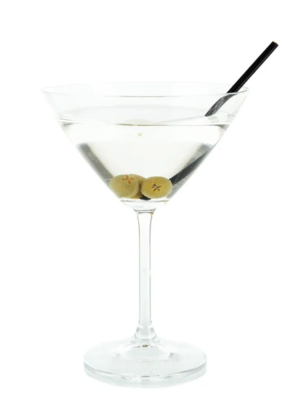 Vidro Martini com azeitonas isoladas no whit — Fotografia de Stock