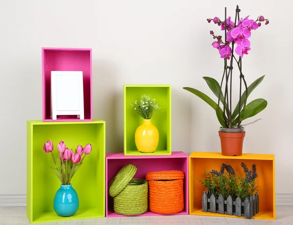Hermosos estantes de colores con diferentes objetos relacionados con el hogar — Foto de Stock