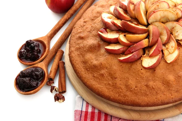 Tasty homemade pie, apples and jam, isolated on white — Stock Photo, Image