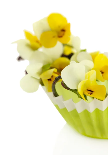 Little wild pansies in vase, isolated on white — Stock Photo, Image