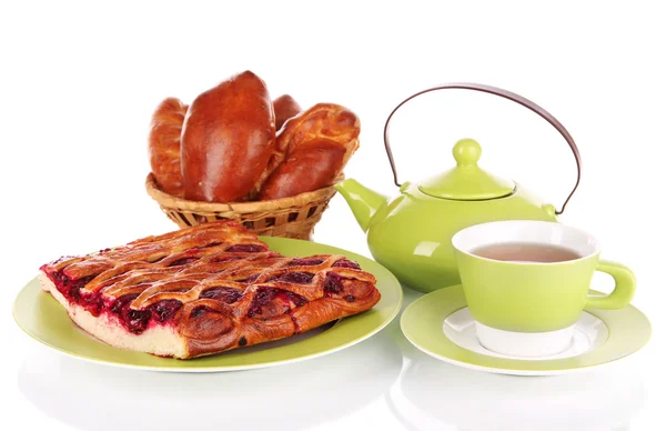 Cherry Pie with buns and tea isolated on white — Stock Photo, Image