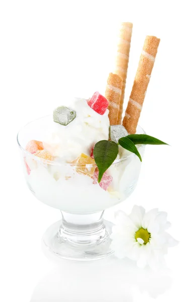 Ice cream with wafer sticks isolated on white — Stock Photo, Image