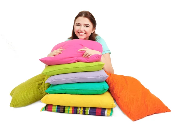 Menina bonita com travesseiros isolados no whit — Fotografia de Stock