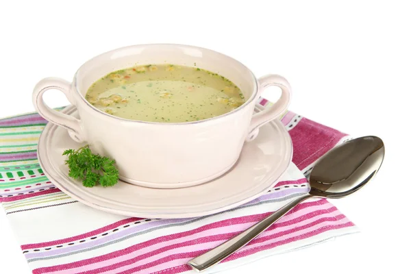 Zuppa nutriente con verdure in padella isolata su bianco — Foto Stock