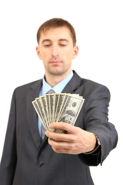 Young businessman with money isolated on whit — Stock Photo, Image