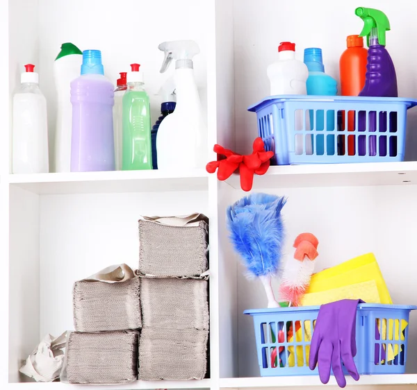 Shelves in pantry with cleaners for home close-up — Stock Photo, Image