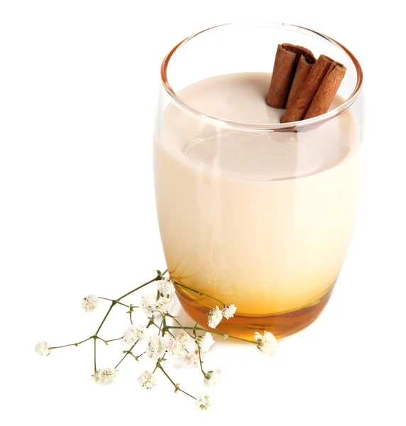 美味酸奶在玻璃与肉桂孤立在白色 — 图库照片