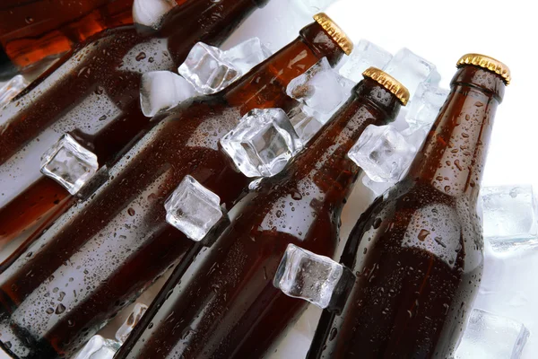 Garrafas de cerveja em cubos de gelo de perto — Fotografia de Stock