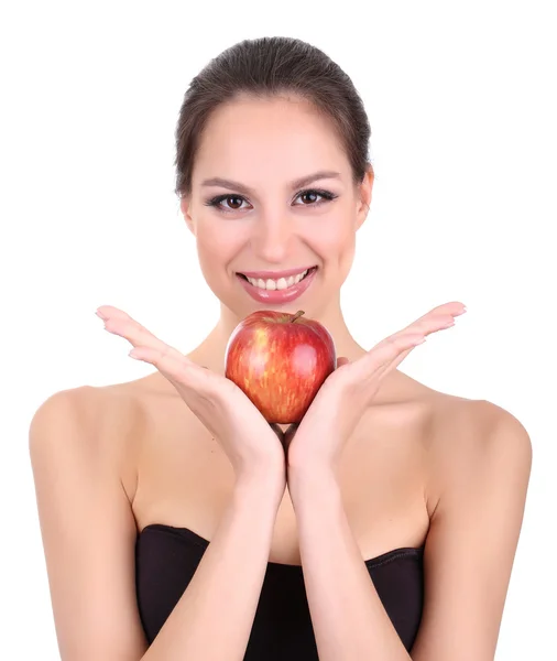 Mulher sorridente com maçã isolada em branco — Fotografia de Stock
