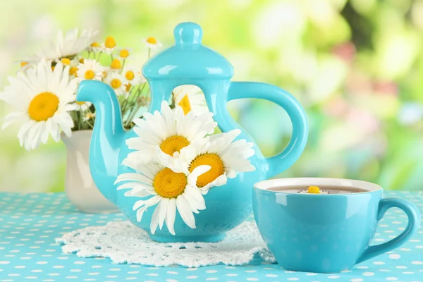 Beautiful bouquet chamomiles in teapot on tablecloth on natural background — Stock Photo, Image