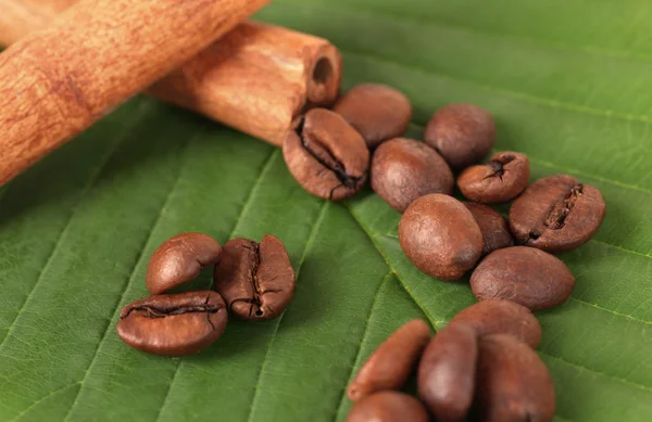 Kaffeekörner und Zimt auf Sacktuch auf grünen Blättern in Großaufnahme — Stockfoto