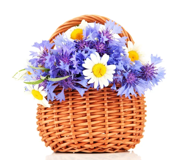 Beautiful bouquet of cornflowers and romomiles in basket, isolated on white — стоковое фото