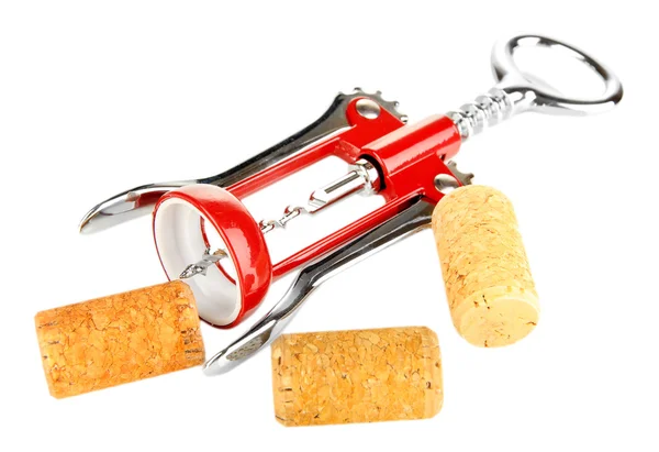 Corkscrew with wine corks isolated on white — Stock Photo, Image