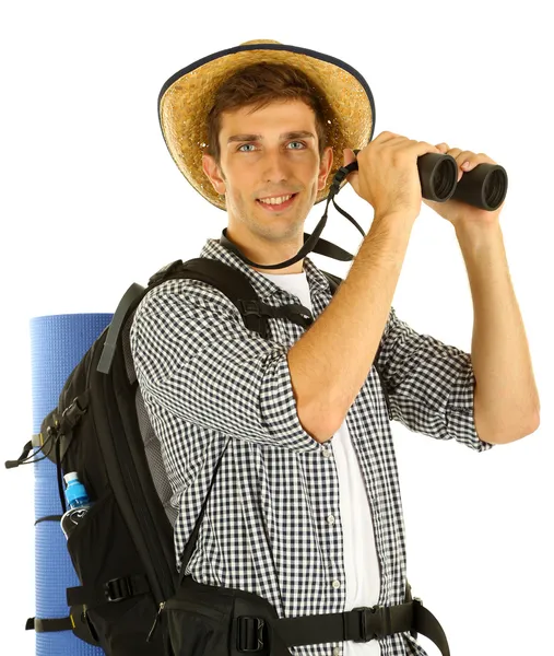 Joven excursionista turista con binocular, aislado en blanco — Foto de Stock