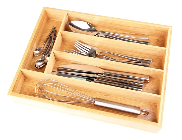 Wooden cutlery box with checked cutlery isolated on white — Stock Photo, Image